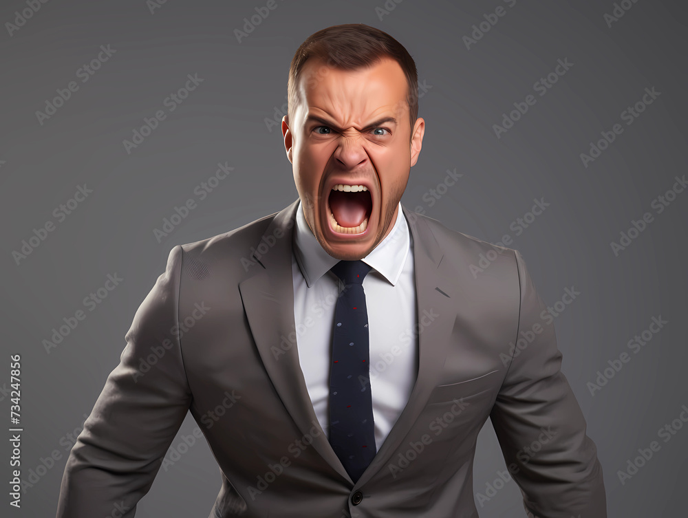Young upset shouting young man or boss wearing classic suit attire isolated on light gray background.Angry boss  - obrazy, fototapety, plakaty 