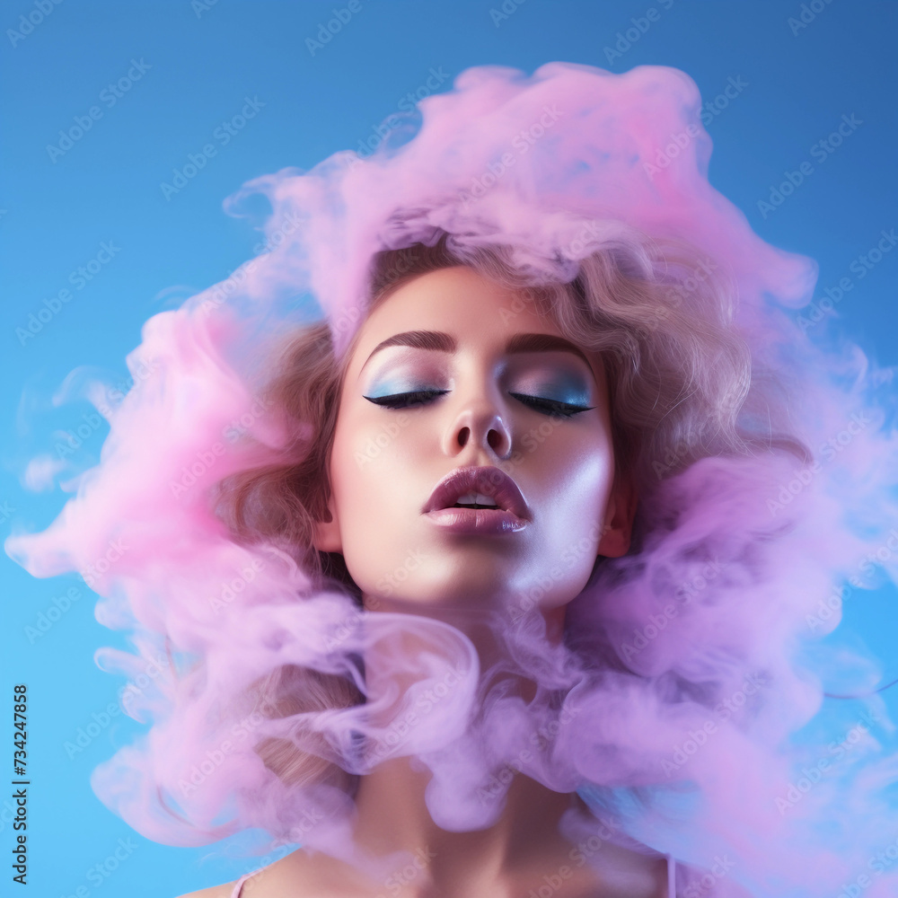 Young woman surrounded by a purple pink cloud of smoke on isolated pastel blue background. Abstract fashion concept. Close-up portrait of top model 