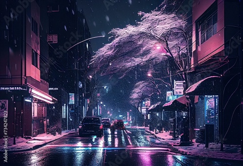 Snowy tokyo streets at night with purple neon lights at winter christmas, abstract. Generative AI
