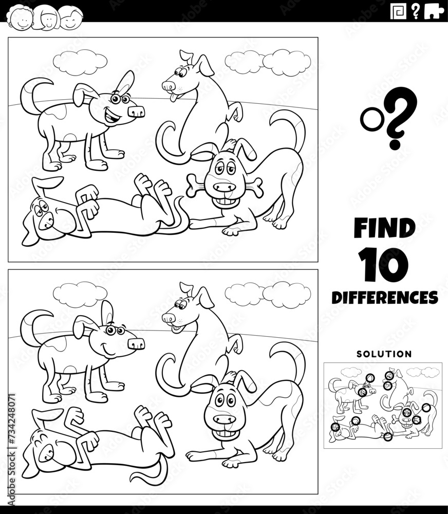 differences activity with cartoon dogs characters coloring page