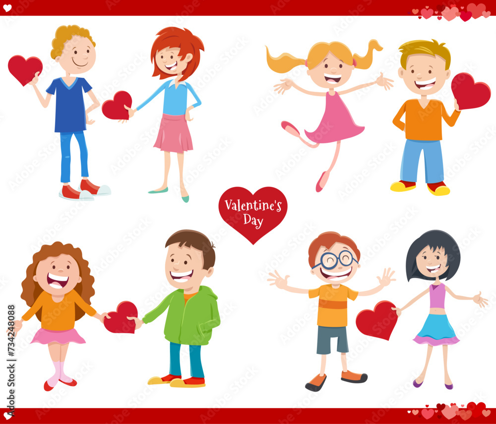 cartoon girls and boys with cards on Valentines Day set