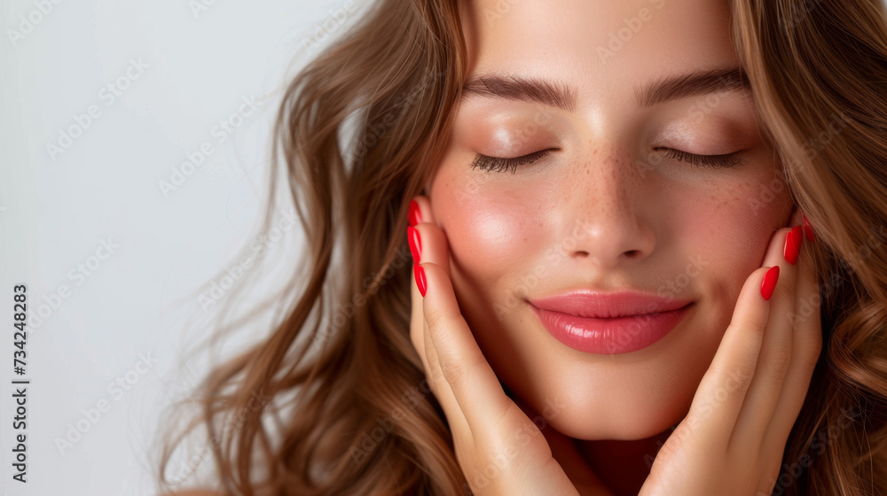 close-up portrait of a young woman with a serene expression, her eyes closed and hands gently touching her cheeks, showcasing natural beauty with freckles and a slight smile. close-up portrait of a young woman with a serene expression, her eyes closed and hands gently touching her cheeks, showcasing natural beauty with freckles and a slight smile.