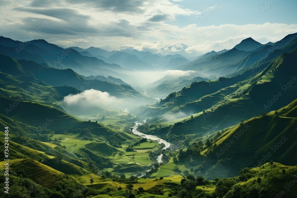 Hidden mountains under low clouds and green hills., generative IA