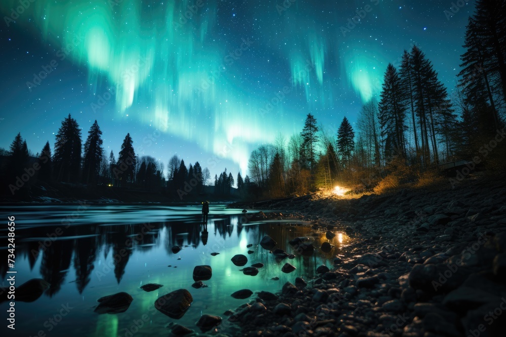 Aurora dancing boreal illuminates the starry sky., generative IA