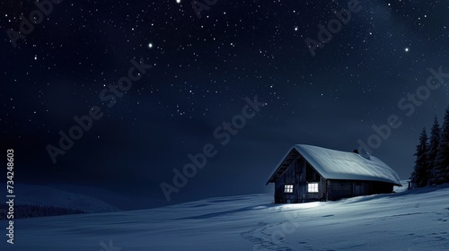  a cabin in the middle of a snow covered mountain under a night sky with stars and the moon shining on the roof of the cabin in the middle of the snow. © Olga