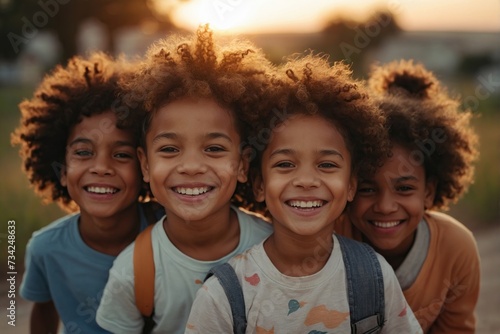 Multi-ethnic group of little friends with toothy smiles on their faces enjoying ,sunset photo
