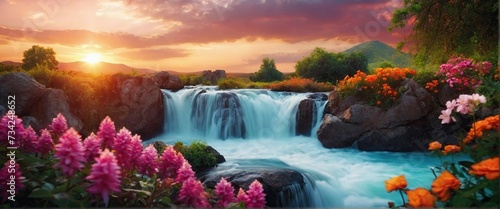 Nature Scene Colorful Waterfall and Flowers at Sunset  photo