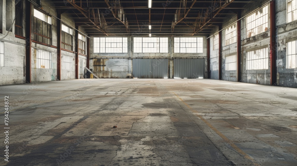 Spacious Industrial Warehouse Interior: Wide interior view of an old industrial warehouse with large windows and a vintage feel