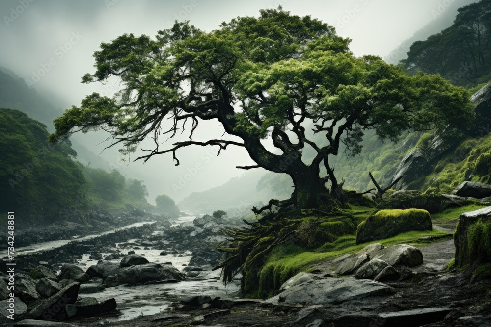 Tall trees bowing under stormy wind., generative IA