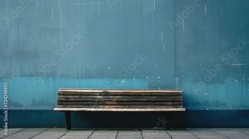 Solitary Wooden Bench Against Blue Wall: Weathered wooden bench on a sidewalk with a scratched blue wall background, evoking a sense of urban solitude photo