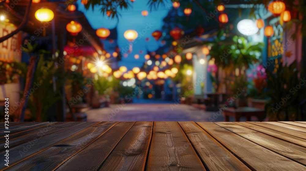 Festive Street Table with Lanterns: Wooden tabletop with a festive street scene with colorful lanterns in the background, evoking a celebratory atmosphere