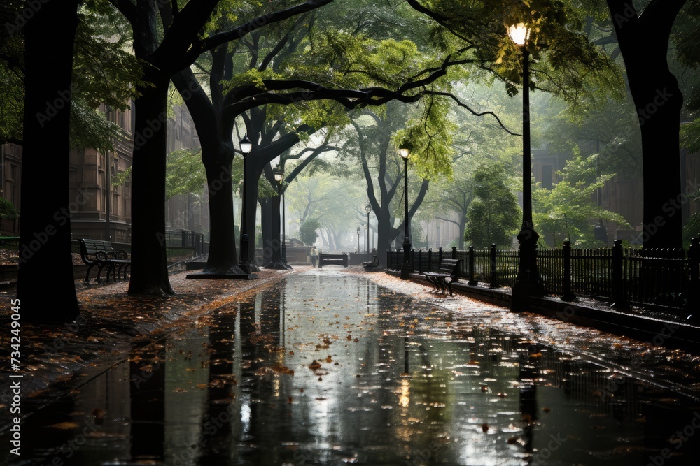 Intense rain shakes trees in park, furious wind., generative IA Intense rain shakes trees in park, furious wind., generative IA