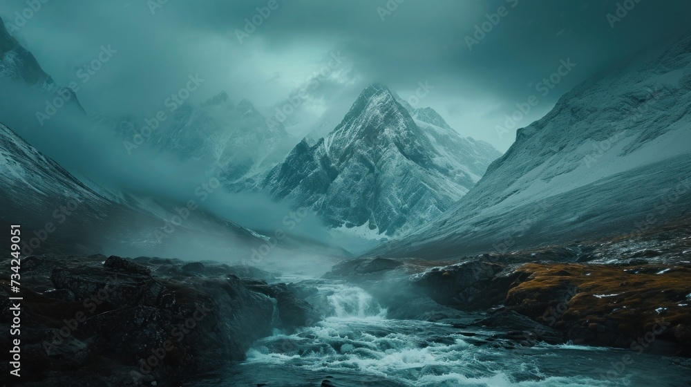 Fototapeta premium a mountain range covered in snow with a river in the foreground and a man standing on a rock in the middle of the stream in the middle of the foreground.