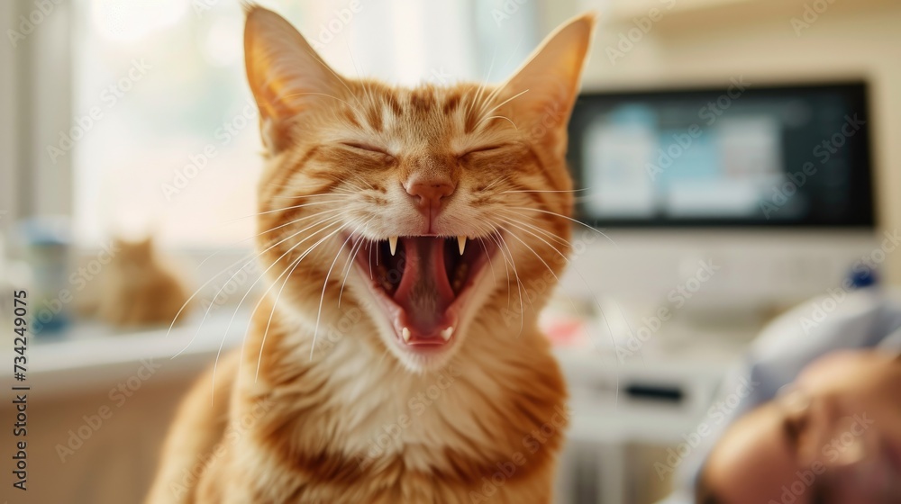 Content Ginger Cat Smiling: Ginger cat with a contented smile, sitting comfortably in a bright room Content Ginger Cat Smiling: Ginger cat with a contented smile, sitting comfortably in a bright room