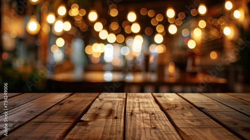 Wooden Table with Bright Bokeh Backdrop  Weathered wood table with a bright and festive bokeh light backdrop  creating a celebratory atmosphere