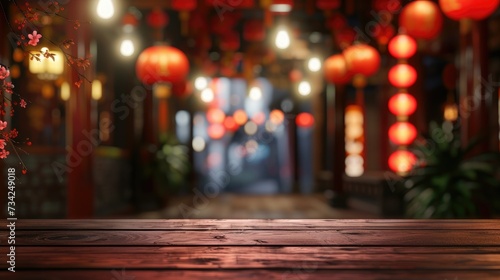 Rustic Table with Oriental Lanterns: Rustic wooden table with oriental red lanterns in the background, setting a cultural festive mood
