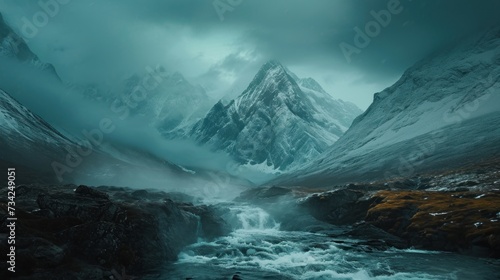  a mountain range covered in snow with a river in the foreground and a man standing on a rock in the middle of the stream in the middle of the foreground.