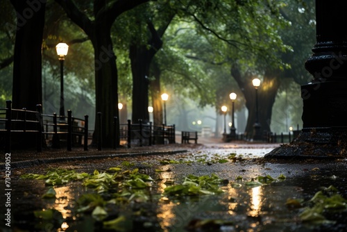 Intense rain shakes trees in park, furious wind., generative IA