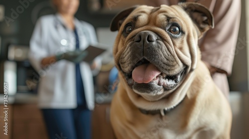 Joyful Bulldog at Veterinary Clinic: A happy bulldog with a tongue out at a veterinary clinic