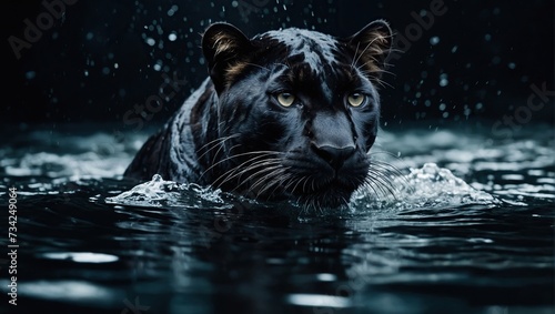 Panther in water on dark background 