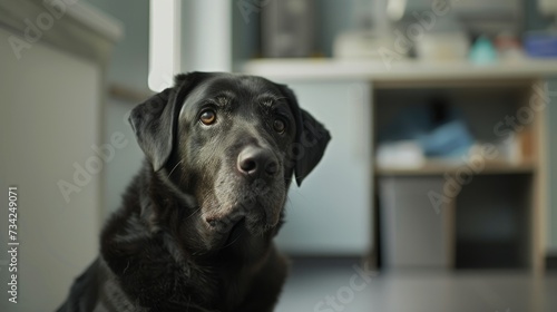 Thoughtful Black Labrador: Black Labrador retriever looking pensively out of a window in a well-lit room