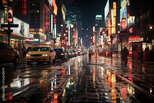 Urban flood flooded streets reflect Neon while people fight umbrellas., generative IA