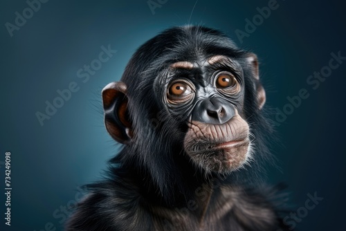 Thoughtful Chimpanzee with Piercing Gaze: A contemplative chimpanzee with deep eyes and a hint of a smile against a blue background