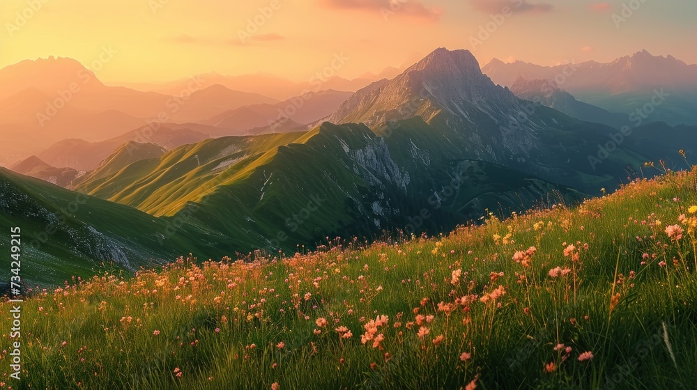  a grassy field with pink flowers in the foreground and a mountain range in the background with a pink and yellow sky in the middle of the photo, with pink flowers in the foreground.