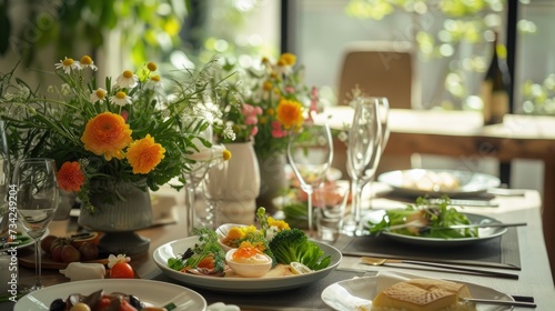 Elegant Table Setting with Fresh Flowers: Stylish table setting with fresh flowers and a healthy meal in a bright, airy restaurant