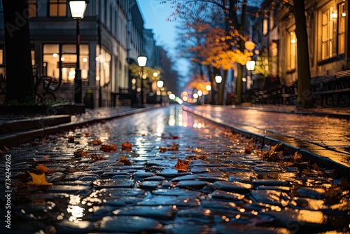 Reflexes of rain on parallelepiped sidewalks in night light., generative IA
