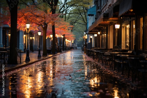 Deserted streets shine in the spring rain., generative IA © JONATAS