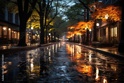 Deserted streets shine in the spring rain., generative IA