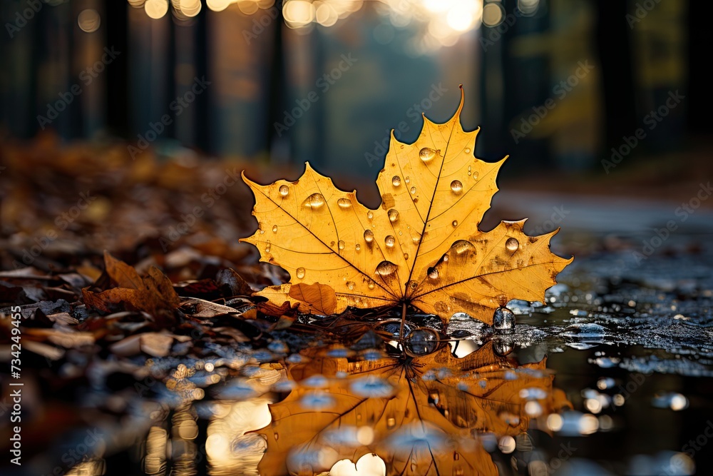 Autumn rain soaks yellowish leaves., generative IA - obrazy, fototapety, plakaty 