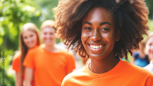 A cheerful American young woman with a bright smile and natural afro hair stands confidently in an orange t-shirt, representing her volunteer group in a lush outdoor setting