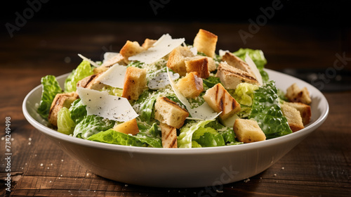 Salade césar gourmande dans un bol blanc posé sur une table rustique photo