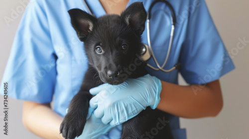 veterinarian holding a black puppy in their arms, both are in focus against a blurred background