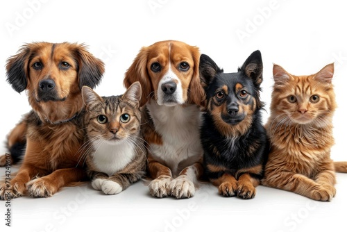 Friendly Portrait of dogs and cats on a white background