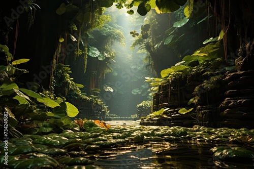 Sunlight dancing between leaves in the lush jungle., generative IA