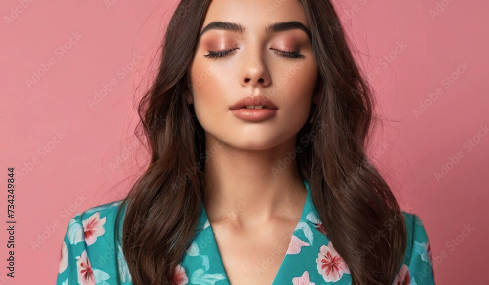 beautiful woman on pink background, coquette style beautiful woman on pink background, coquette style