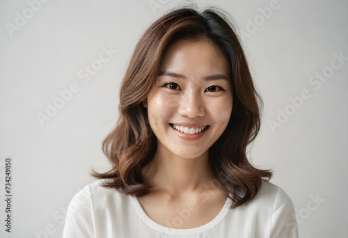 A smiling East Asian woman in her 30s with medium-length wavy brown hair, wearing a white top, against a light-colored background