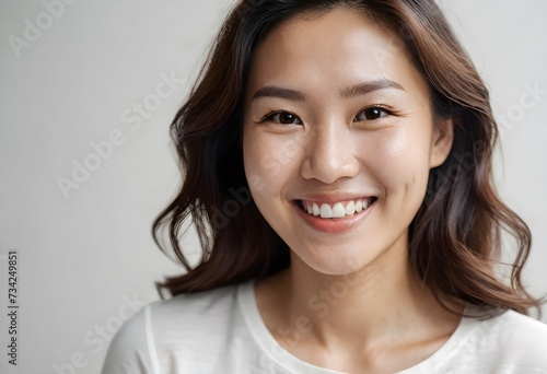 A smiling East Asian woman in her 30s with medium-length wavy brown hair, wearing a white top, against a light-colored background