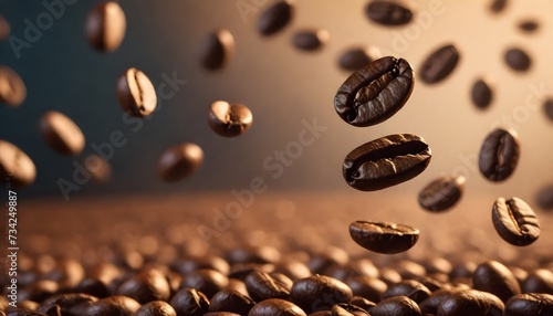  Roasted coffee beans in mid-air with a warm background
