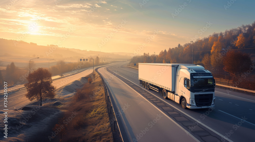 semi-truck is driving on a highway with motion blur, indicating speed, during a sunny autumn day with colorful trees on the side of the road.