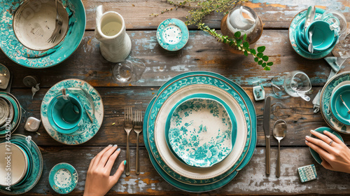  a table is set with teal dishes and place settings for a teal and white table setting with two hands reaching for a place setting on a wooden table. photo