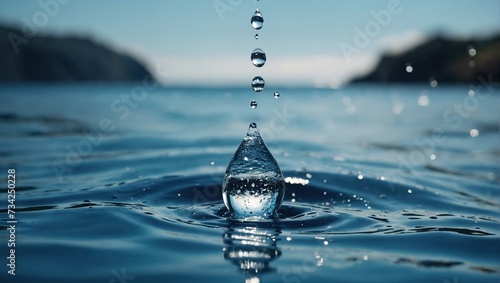 Realistic drop of water falling on blue sea background 
