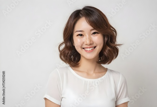 A smiling East Asian woman in her 30s with medium-length wavy brown hair, wearing a white top, against a light-colored background. © JazzRock