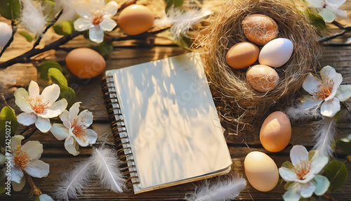 Wielkanocne, naturalne tło z jajkami, kwitnącymi gałązkami magnolii i notatnikiem