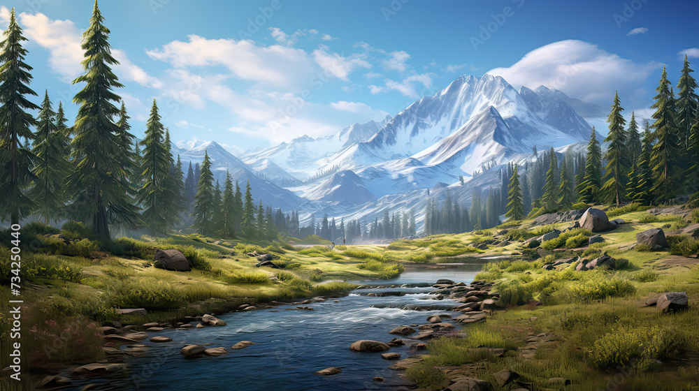 The essence of the natural realm, featuring backgrounds with majestic mountains, expansive meadows, and clear, flowing waters  background Ai Generative