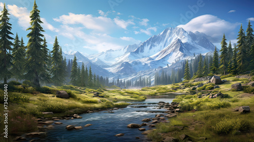 The essence of the natural realm, featuring backgrounds with majestic mountains, expansive meadows, and clear, flowing waters  background Ai Generative © SK