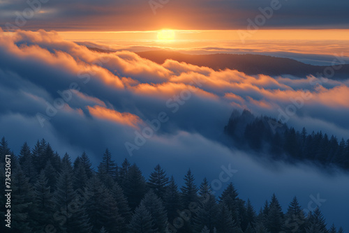 Sunrise Over Misty Mountain Forest